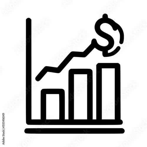 A black and white illustration of a bar graph with an upward trending line culminating in a dollar sign.