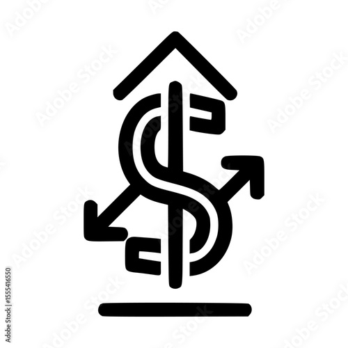 A stylized graphic of a dollar sign with upward and downward arrows, symbolizing financial growth and movement.