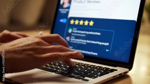 Closeup hands typing on laptop with online reviews
