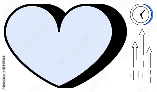Blue heart with shadow, clock showing time, vertical arrows for progression. Ideal for love, time management, growth, productivity, relationships motivation personal development. Simple flat