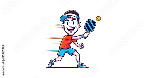 CARTOON caricature of a pickle ball pickleball player with a racquet and ball, athlete, playing, court, athletic character, outdoor sport, recreation, cartoon pickleball, paddle sport, fun, match