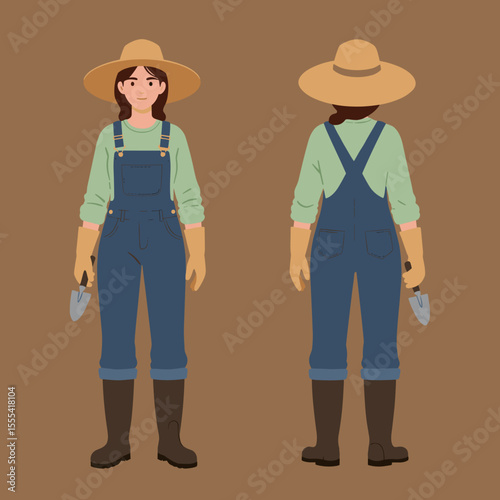 FARMER WOMAN IN OVERALLS WITH GARDENING TOOLS - Cartoon Female Gardener Wearing Hat and Gloves in Blue Denim