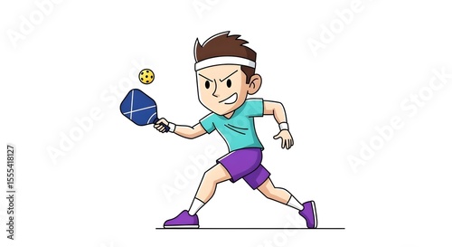 CARTOON caricature of a pickle ball pickleball player with a racquet and ball, athlete, playing, court, athletic character, outdoor sport, recreation, cartoon pickleball, paddle sport, fun, match
