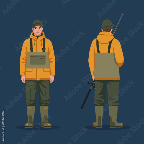 FISHERMAN IN ORANGE JACKET WITH FISHING ROD AND WADERS - MALE HIKER IN NATURE LANDSCAPE