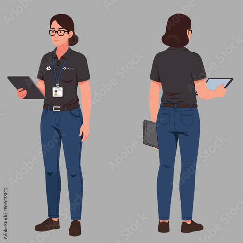 FEMALE WORKER HOLDING TABLET IN CASUAL CLOTHING - PROFESSIONAL YOUNG WOMAN IN OFFICE ATTIRE WITH TABLET