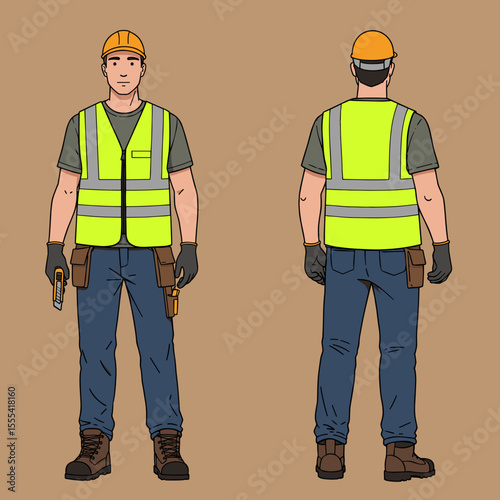 SAFETY VEST WORKER ILLUSTRATION - Male Construction Worker in Safety Gear, Drawing of Worker in Reflective Vest