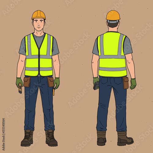 HIGH VISIBILITY WORKER IN SAFETY GEAR WITH TOOL BELT AND HARD HAT