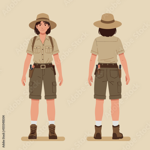 YOUNG FEMALE ADVENTURER IN KHAKI OUTFIT FRONT AND BACK VIEWS, EXPLORER COSTUME FOR KIDS OR ADULTS