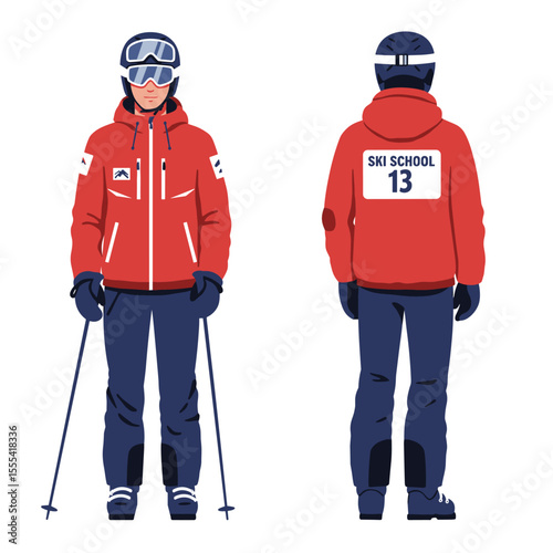 SKI SCHOOL INSTRUCTOR MALE SKIER TEACHING SNOW SPORTS FOR BEGINNERS AND ADVANCED