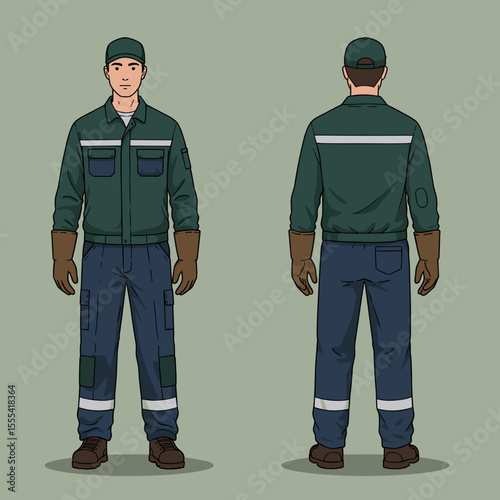 WORKER OUTFIT - MALE CONSTRUCTION UNIFORM DESIGN - FRONT AND BACK VIEWS - INDUSTRIAL APPAREL