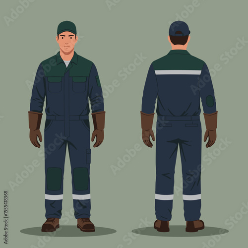 MALE WORKER IN INDUSTRIAL UNIFORM RENDERING FRONT AND BACK VIEWS FOR TRAINING OR PROMOTIONAL MATERIALS
