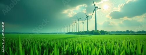 Green Energy: Wind Turbines in Lush Field Under Blue Sky. Ideal for illustrating renewable energy, environmental sustainability, clean power generation