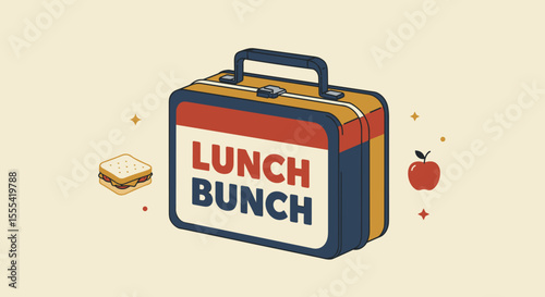 LUNCH BUNCH Vintage Lunchbox Design with Sandwich and Apple Illustration for Kids