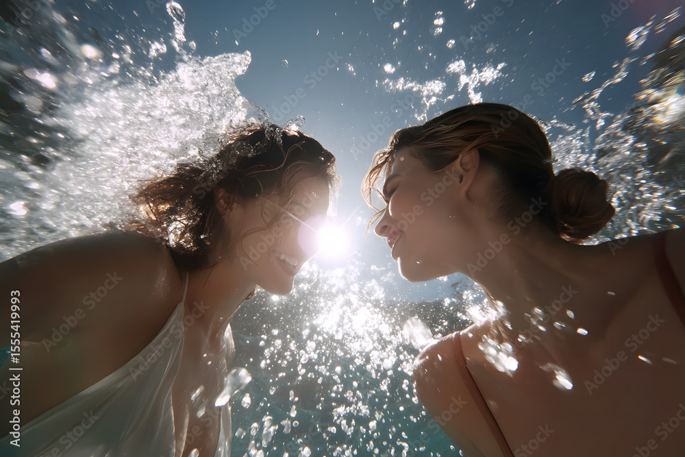 Obraz premium Low-angle fun swimwear moment of women splashing water under bright sun