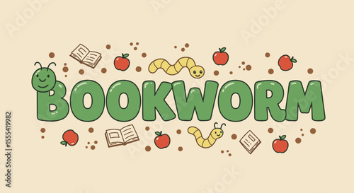 BOOKWORM Cartoon Illustration with Cute Characters, Educational Theme, Child-Friendly Design