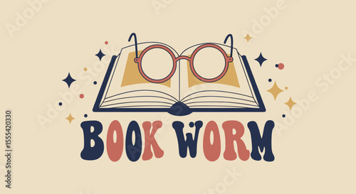 BOOK WORM - Cute Cartoon Design Featuring Open Book with Glasses for Kids and Adults Reading Enthusiasts