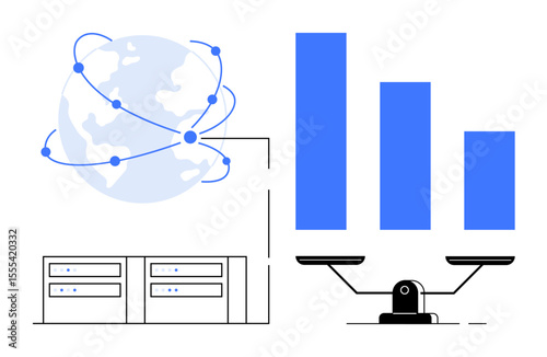 Globe with network lines, bar chart, servers, and scale depicting balance. Ideal for technology, data analysis, cloud computing, global connectivity, business strategy decision-making simple flat