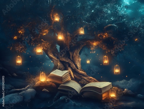 mystical tree with lanterns glowing lanterns hanging from branches, dark forest, night scene, book