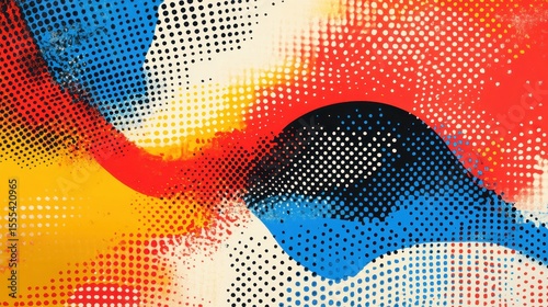 Vibrant abstract art with red, blue, yellow, black circles and halftone pattern. Use as a bold background, design element, or add modern art to your project.