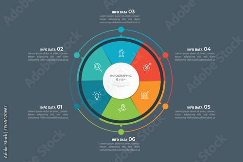 Pie Chart Glassmorphism Infographic Template With 6 Options, Steps, Parts, Segments. Vector Illustration For Business Financial Report