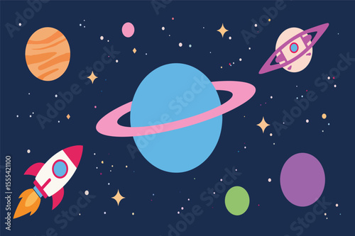 Cartoon rocket soaring through colorful space planets stars