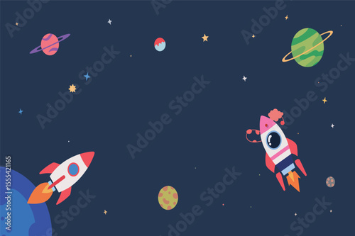 Cartoon rocket ships exploring colorful space planets stars