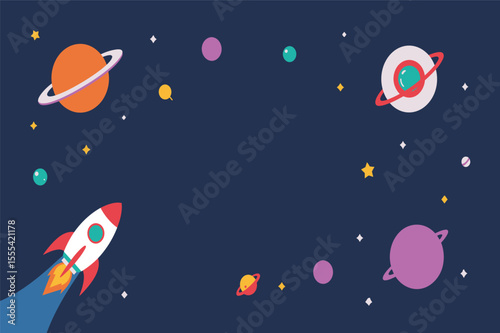 Cartoon rocket soaring through vibrant space galaxy