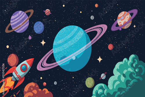 Cartoon rocket soaring through vibrant space scene planets stars