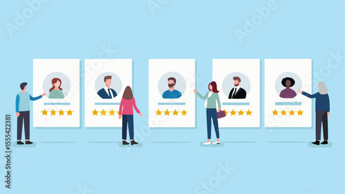 Diverse candidates with five star ratings talent acquisition and recruitment concept