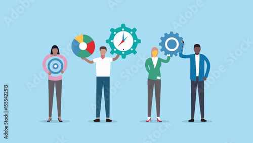 Diverse Team Holding Business Icons Representing Goals Data Time and Innovation