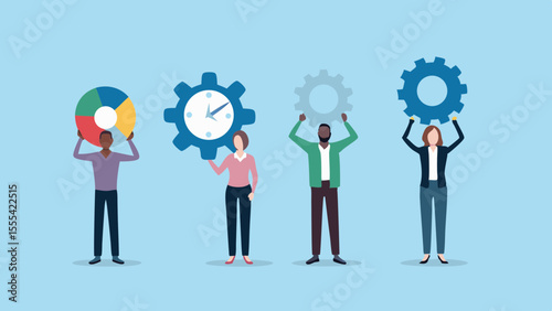 Diverse Team Holding Business Icons Representing Data Time and Progress