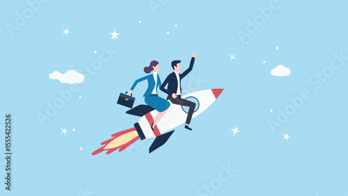Business Team Riding Rocket to Success in the Sky Illustration