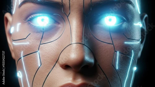Woman Cyborg Face with Metallic Accents Close Up Detail