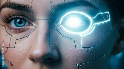 Cyborg Woman Staring with Electronic Eye Closeup