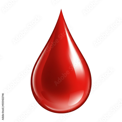 A single glossy red blood drop isolated on a white background isolated on white background
