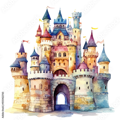 Magical Castles, watercolor clipart vector, isolated on a white background.