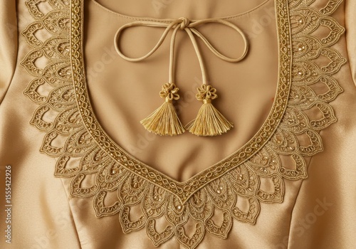 Golden blouse with embroidered neckline and tassel details