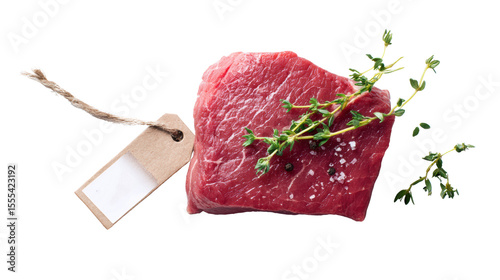 Fresh cut beef steak with herbs and a tag, isolated on white background. photo