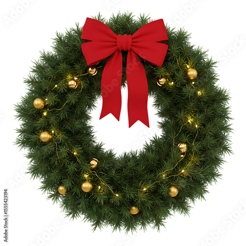 Festive christmas wreath with red bow gold baubles and lights isolated on white background