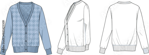 CAD drawing flat vector illustration of cardigan, front side and back view design, houndstooth pattern detail, fashion sketch, technical garment layout, stylish knitwear template