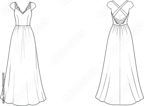 CAD drawing flat vector illustration of bridal gown, front and back views, lace bodice detail, crisscross back, floor-length dress design, wedding fashion sketch, stylish template