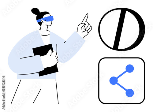 Woman holding a tablet, gesturing with one finger, wearing VR glasses near technology and network connection icons. Ideal for innovation, technology, collaboration, education, analytics