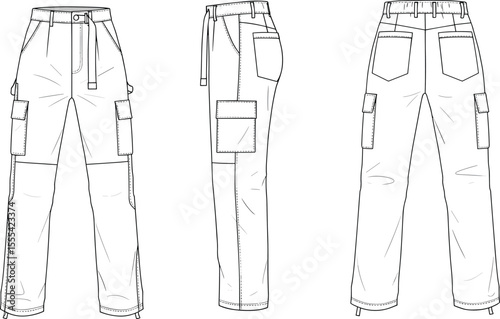 Cargo utility pants technical flat sketch with front, side, back views for fashion design, apparel garment cad drawing flat vector illustration template mockup.
