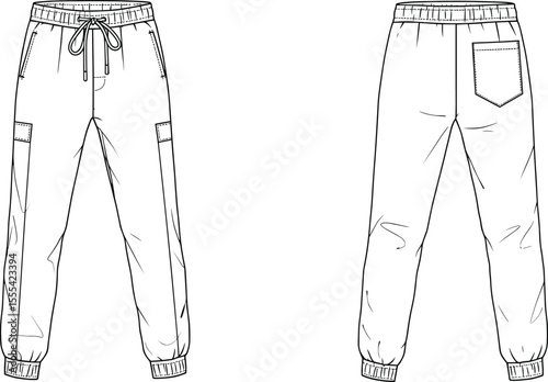 Cargo jogger sweatpants technical flat sketch, front and back views for fashion design, apparel cad drawing flat vector illustration clothing mockup vector template.