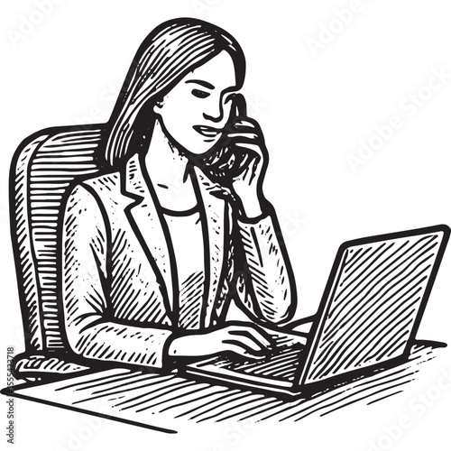 Black-and-white sketch of businesswoman using laptop and phone, multitasking