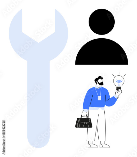 Wrench silhouette, user profile icon, and professional holding illuminated bulb symbolizing innovation. Ideal for creativity, teamwork, problem-solving, professional skills, innovation, efficiency