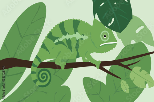 Chameleon blending seamlessly into leafy green background vector illustration