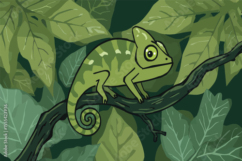 Chameleon blending seamlessly into leafy background vector illustration
