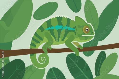 Chameleon blending seamlessly into leafy background vector illustration