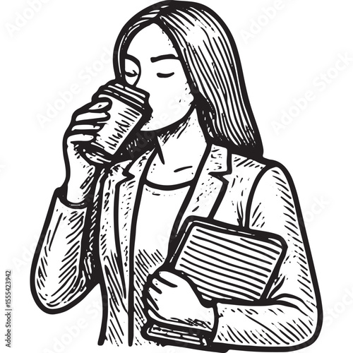 Black-and-white illustration of businesswoman holding coffee cup, break time